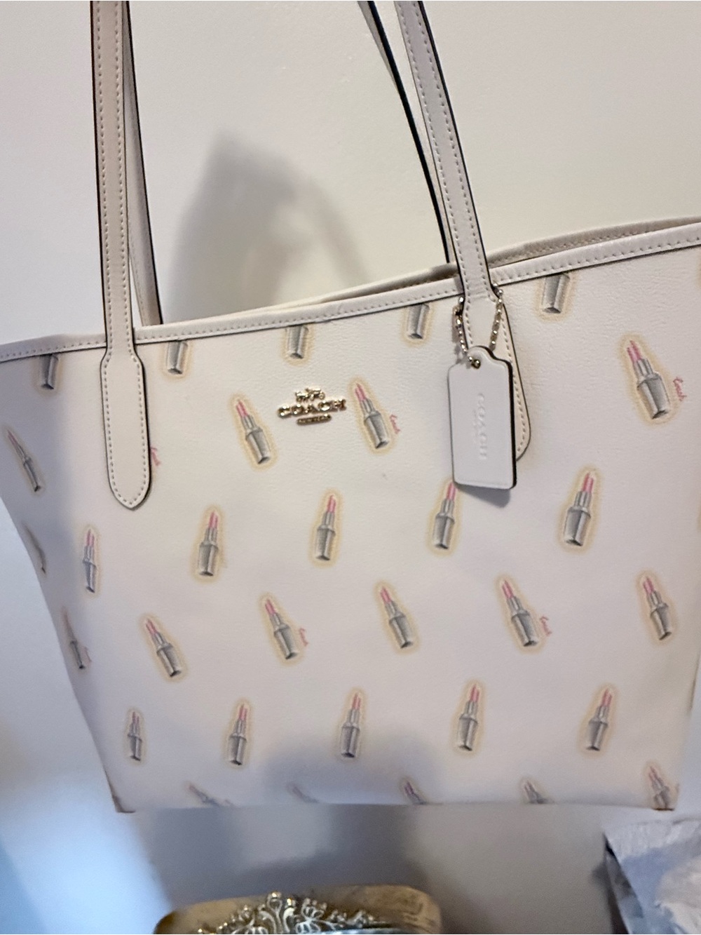 COACH Signature Lipstick Print Leather Tote in Light cream